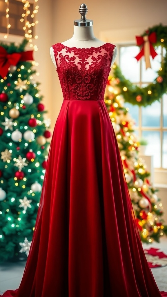 Elegant Long Formal Christmas Dress A stunning long formal Christmas dress in deep red with lace detailing, displayed with festive decorations.
